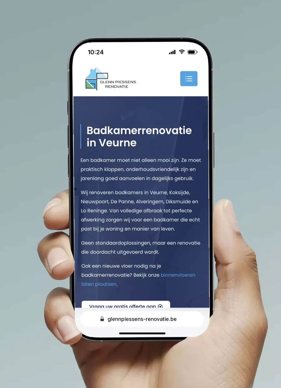 Bathroom renovation page of Glenn Piessens Renovatie on an iPhone, built by Offlow