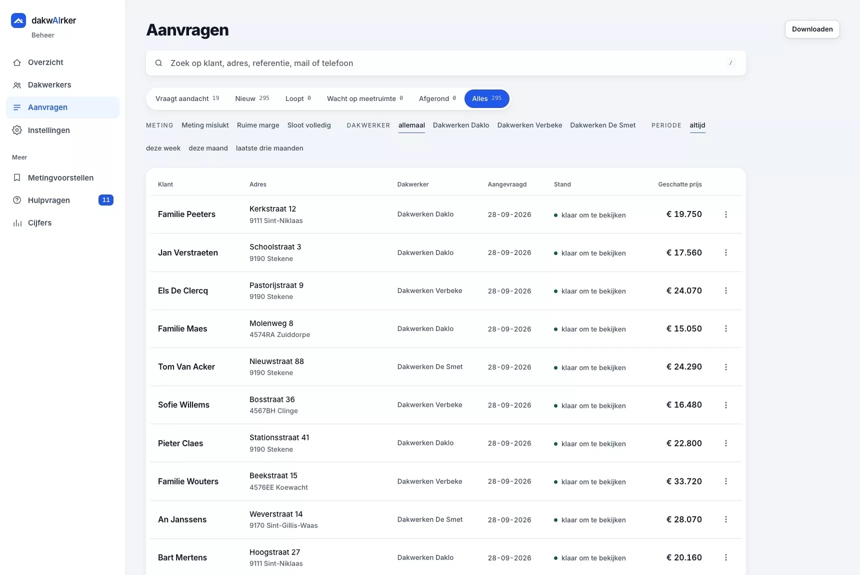 Aanvragen in de webapp dakwAIrker met adres, dakwerker, stand en geschatte prijs