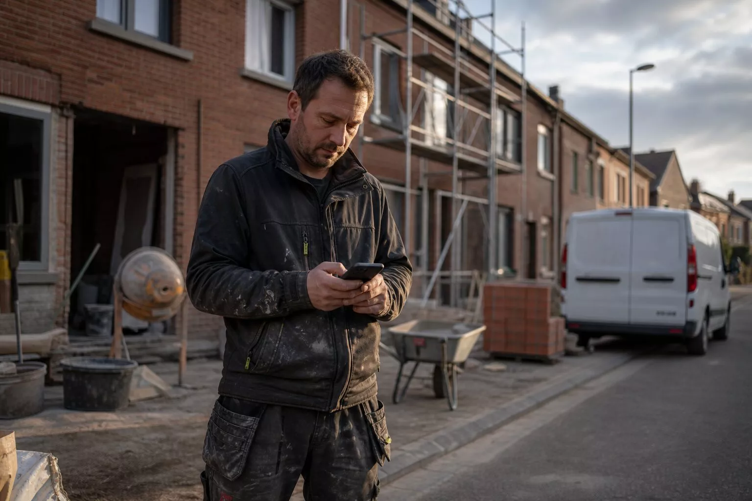 Contractor from the Waasland region checking on his smartphone where his construction company ranks in Google, on a renovation site for a brick terraced house
