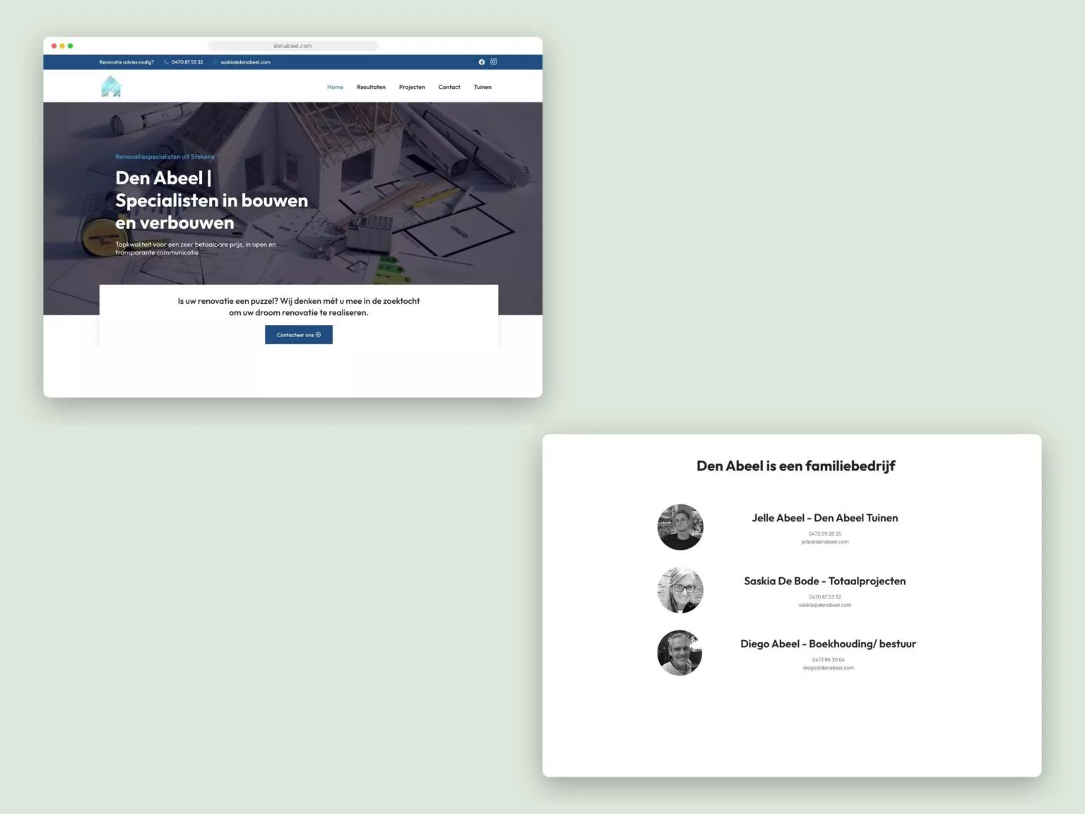 Den Abeel website for gardens and renovations in two colours