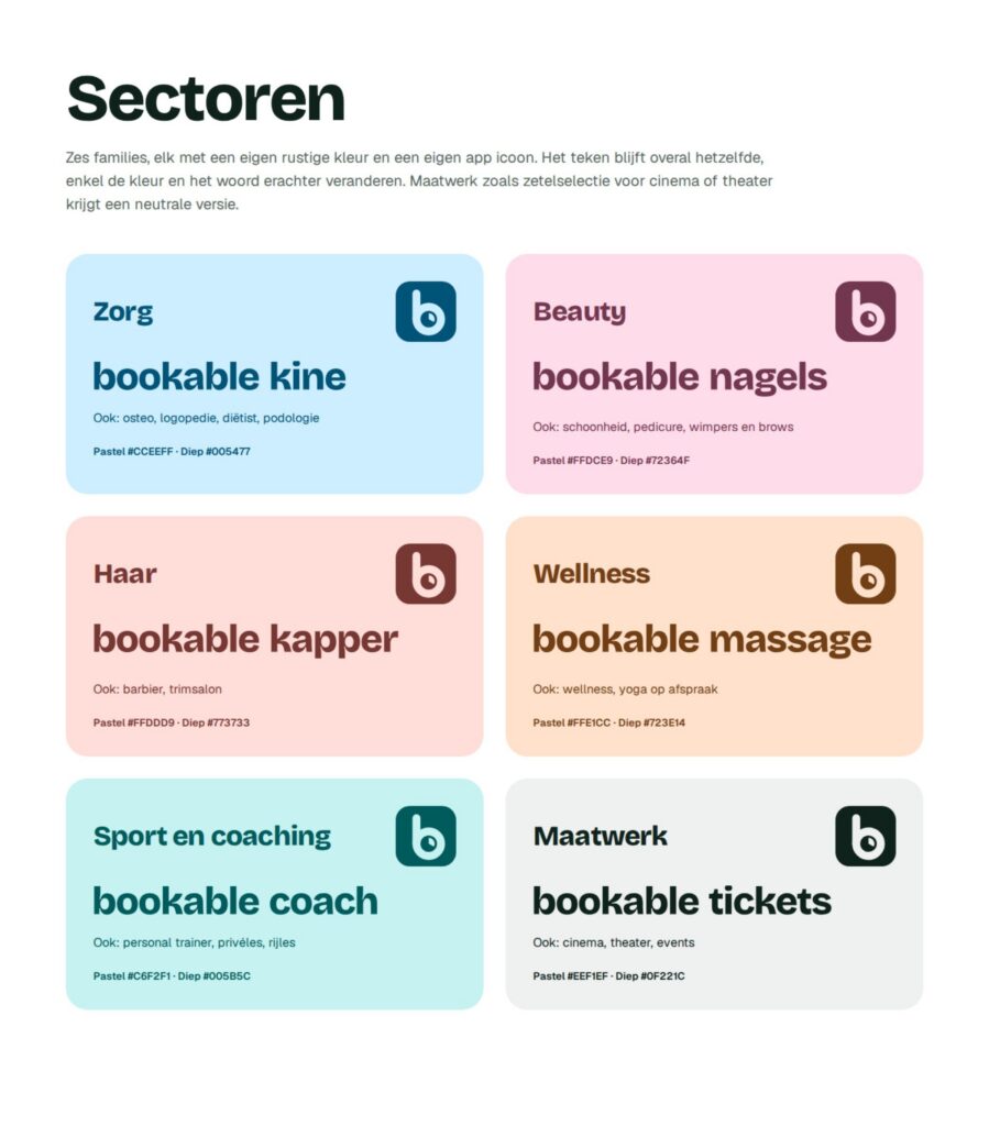 Bookable sector colours for care, beauty, hair and wellness