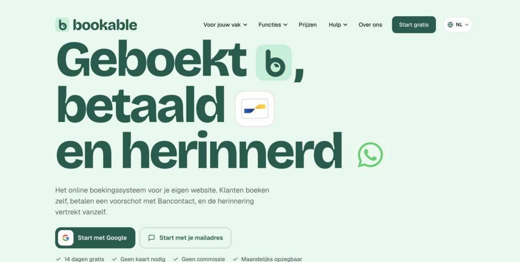 Bookable.be homepage, the booking system built by Offlow