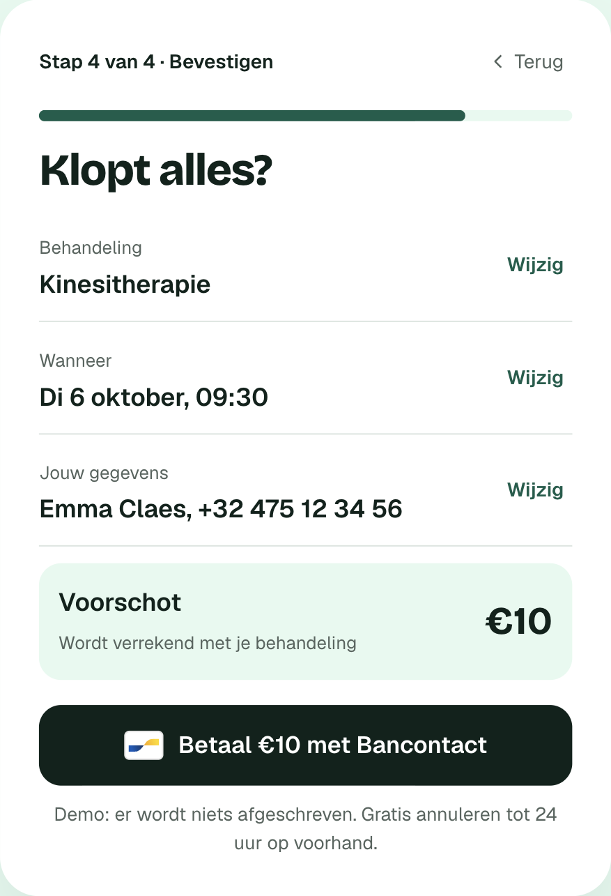 Step 4 of the Bookable booking form: confirm and pay a deposit with Bancontact
