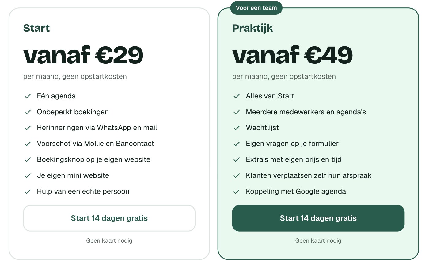 Bookable pricing: Start from 29 euros and Practice from 49 euros a month